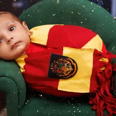 An adorable close-up of a baby in a Gryffindor scarf, with wide, curious eyes. Perfect for any Harry Potter fan family.