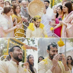 A collage of heartwarming and fun moments from a Haldi ceremony. I capture everything from the blessings of elders to the playful antics of friends.