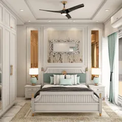 This traditional bedroom design features classic wall paneling, ornate mirrors, and a beautifully crafted bed frame, creating a timeless and elegant atmosphere.