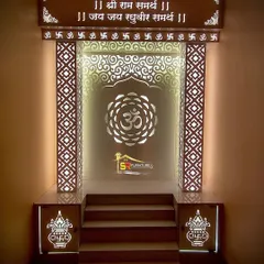 A beautifully crafted pooja unit designed to be a serene focal point. The design incorporates intricate CNC cutting, backlighting, and traditional motifs like the 'Om' symbol, all built in-house at my workshop.