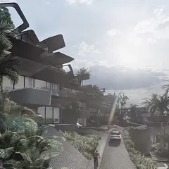 This view highlights how the road network in the Dona Paula masterplan follows the natural contours of the hill. The architecture steps down the slope, ensuring that each home has an unobstructed view and a direct connection to the surrounding tropical environment.