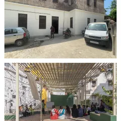 This before-and-after view of the Basera Plaza site shows the dramatic transformation from a simple parking area into a functional and beautiful community asset, highlighting the impact of thoughtful urban design.
