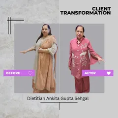A 14 kg weight loss in 6 months! My client Rakhi Gulati was struggling with knee pain and fatigue. With a personalized diet, she not only lost weight but also regained her energy and mobility, transforming her day-to-day life.