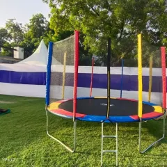 I provide large trampolines with full safety enclosures, perfect for outdoor parties on a lawn. They offer a great way for kids to burn off energy in a safe and controlled way.
