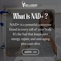 This graphic explains the science behind NAD+, a powerful coenzyme found in every cell. It is the essential fuel for your body's energy, repair, and anti-aging functions.
