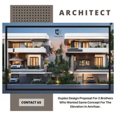 A design proposal for a duplex in Amritsar, created for two brothers who wanted a similar but distinct concept. This image shows the two modern homes side-by-side, featuring large windows, covered parking, and rooftop terraces.