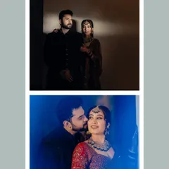 A collection of intimate moments between Vasu and Shilpi. From a classic, moody portrait to a gentle kiss under a soft blue light, these images showcase the couple's deep connection.