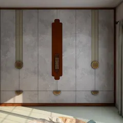 A full view of the wardrobe, featuring a sophisticated combination of grey stone-finish laminate and wood accents. The asymmetrical handle design adds a modern, artistic touch.