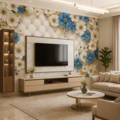 A floral 5D wallpaper in blue and white with a quilted texture effect, designed to frame a TV unit. This creates a vibrant and visually interesting feature wall.