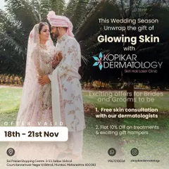 This wedding season, we offered special packages for brides and grooms to be. This promotional graphic highlights our offers, including free skin consultations and discounts on treatments like Hydrafacials and Party Peels.