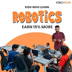 An instructor leads a small group of students, demonstrating concepts in a dynamic and engaging way. Our focus on STEM skills like robotics helps prepare kids for future career success.