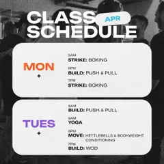Kicking off the week strong with our April schedule. Mondays and Tuesdays feature a mix of Boxing, Push & Pull strength days, Yoga, and Kettlebell Conditioning.