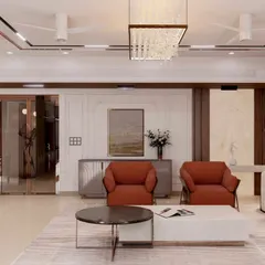 This angle highlights the open-concept layout and the seamless flow between different seating areas. The minimalist console and carefully chosen art piece complement the room's clean, elegant lines.