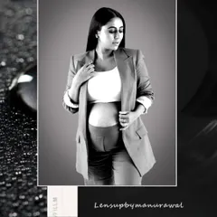 A creative black and white collage featuring a modern suit. This artistic composition highlights the chic styling and the powerful silhouette of the mother-to-be.
