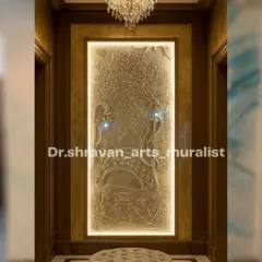 This piece fills my soul. It’s a grand, fully sculpted relief mural showing a serene park scene, complete with a bridge and tiny lanterns that actually light up. Placed in this elegant entryway, it creates an unforgettable first impression.