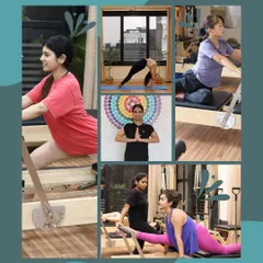 A collage showcasing the diverse faces and activities within our vibrant community, from reformer work to mat yoga.