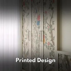 Wardrobes can be a canvas for creativity. This is an example of a printed design, where a beautiful floral and bird motif is printed directly onto the wardrobe shutters for a unique, artistic look.