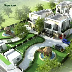 A stunning 3D landscape design for a farmhouse. This rendering showcases how I place towering trees, lush shrubs, and tranquil water bodies to create a peaceful and beautiful environment.