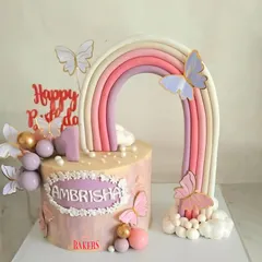 A beautiful purple butterfly and rainbow cake for Ambrisha’s first birthday. Her mom requested a gluten-free cake, and I was thrilled to bring her vision to life with this minimal-fondant design.