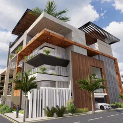 This render showcases an uber-luxurious residence with a complex interplay of voids and solid walls. The design incorporates deep, shaded balconies and extensive use of wood and stone for an earthy, modern aesthetic.