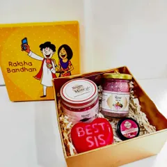 Pamper your sister with this lovely skincare hamper for Raksha Bandhan. It features a 'Best Sis' heart soap, rose whipped soap, rose bath salt, and a tinted lip balm to add a glow to her skin.