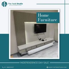 An advertisement for our Independence Day sale, featuring a custom floating TV unit with a fluted back panel. This highlights our ability to create integrated and modern media storage solutions.