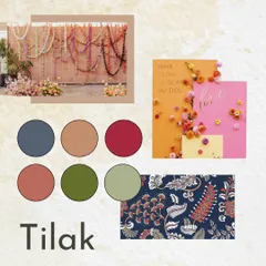 The mood board for the 'AnkoredToYou' Tilak ceremony. We chose a rich, earthy color palette with deep blues and reds, paired with traditional paisley prints.