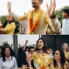 The bride and groom's joyful entrance at their Haldi ceremony. The energy is infectious, and I aim to capture that feeling of celebration and happiness.