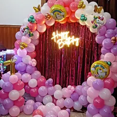 Another view of the Unicorn first birthday party decoration. This shows the full arrangement with the number '1' foil balloon, creating a perfect photo opportunity for your little one's milestone.