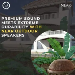 Premium sound meets extreme durability. NEAR outdoor speakers, shown here blending into a garden, are designed to deliver audiophile-grade performance while withstanding the harshest weather conditions.