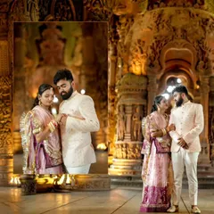 Inside the intricately carved wooden halls of the temple, this collage captures both wide and intimate shots, highlighting the stunning architecture.