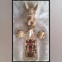 An April forecast with The Devil card, bringing awareness to habits and patterns that hold you back. The affirmation: "I am open to new ways of thinking."