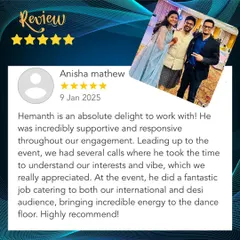 Nothing makes me happier than receiving feedback like this. It was a pleasure working with Anisha to create the perfect vibe for her engagement, blending music for both her international and desi guests to keep the energy high all night.