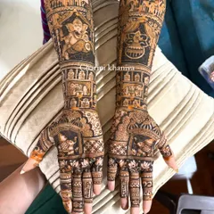 A fully customized design celebrating faith and tradition. This client wanted Lord Ganesha, a sacred kalash, and other personal elements woven into a full-arm mehendi masterpiece.