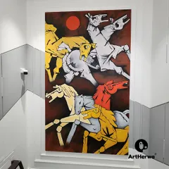 A client commissioned us to create a large-scale reproduction of M. F. Husain's iconic 'Seven Horses' painting. This piece, hanging in a client's stairwell, demonstrates our skill in recreating famous artworks with precision and vibrant color.