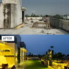 Witness the transformation from a dilapidated rooftop to a sprawling green lawn with modern lighting. We installed integrated LED strips along the planters and pathways to guide the way and create a warm, inviting atmosphere at night.