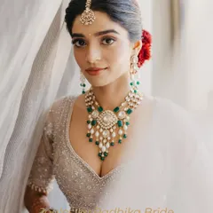 A portrait of modern royalty. This bride chose a statement polki and emerald necklace with a matching maang tikka, creating a look that is both classic and breathtakingly beautiful.