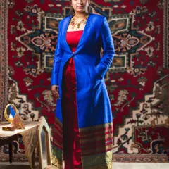 The full-length view of the pant-suit and jacket ensemble. This look was a family project, celebrating my journey with the people I love.