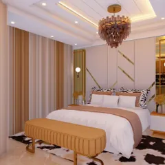 Another view of the master bedroom concept, highlighting the striped wallpaper and the elegant bench at the foot of the bed. 3D renders help in finalizing every material and color choice.