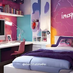 A bedroom for the coolest teen on the block. I used a vibrant color palette with pops of pink and purple, a designated study area, and inspirational wall art to create a space that is stylish, functional, and totally Instagrammable.