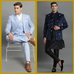 A sky blue three-piece suit and a blue velvet bandhgala. Two distinct styles, one cool color palette.