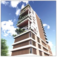 A low-angle view of the Juhu apartment building, emphasizing its verticality and the rhythm of its green balconies. The design brings a touch of nature to the dense urban environment.