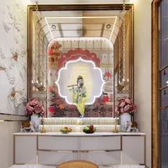 A wider view of the pooja space, showing how it integrates seamlessly with the home's decor while maintaining its distinct spiritual identity. The design includes concealed storage, ensuring the area remains clutter-free and tranquil, a key aspect of Vastu for prayer rooms.