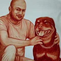 Pets are family. I create detailed blood portraits of pets, like this one of a beloved Rottweiler, capturing their unique personality and spirit.