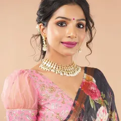 This pink embroidered blouse with sheer puff sleeves is a modern and romantic choice. It pairs beautifully with floral or lightweight sarees for a fresh, contemporary look.