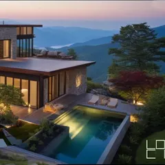 An infinity pool at the edge of the property seems to merge with the breathtaking mountain landscape beyond. The design is all about creating a luxurious retreat that feels completely connected to its surroundings.