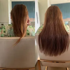 From thin ends to thick, healthy-looking hair. This transformation was achieved with keratin glue extensions, perfectly blended to match her natural color and texture.