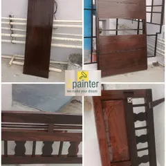A collage showcasing various wood polishing projects, including doors and furniture. This demonstrates the range of my wood finishing services.
