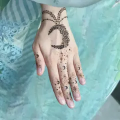 A whimsical moon and stars design, scattering across the fingers for a magical look.