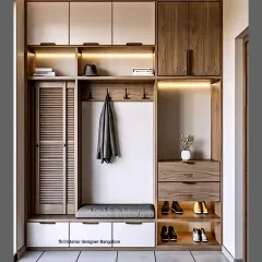 This floor-to-ceiling entryway unit is perfect for maximizing vertical space. It features a louvered cabinet, open shoe shelves with accent lighting, coat hooks, a seating bench, and plenty of overhead storage for a fully functional foyer.